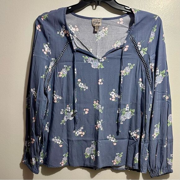 Como Vintage Blue-Gray Blouse with Tie Front and Relaxed Fit (993) - Picture 1 of 4